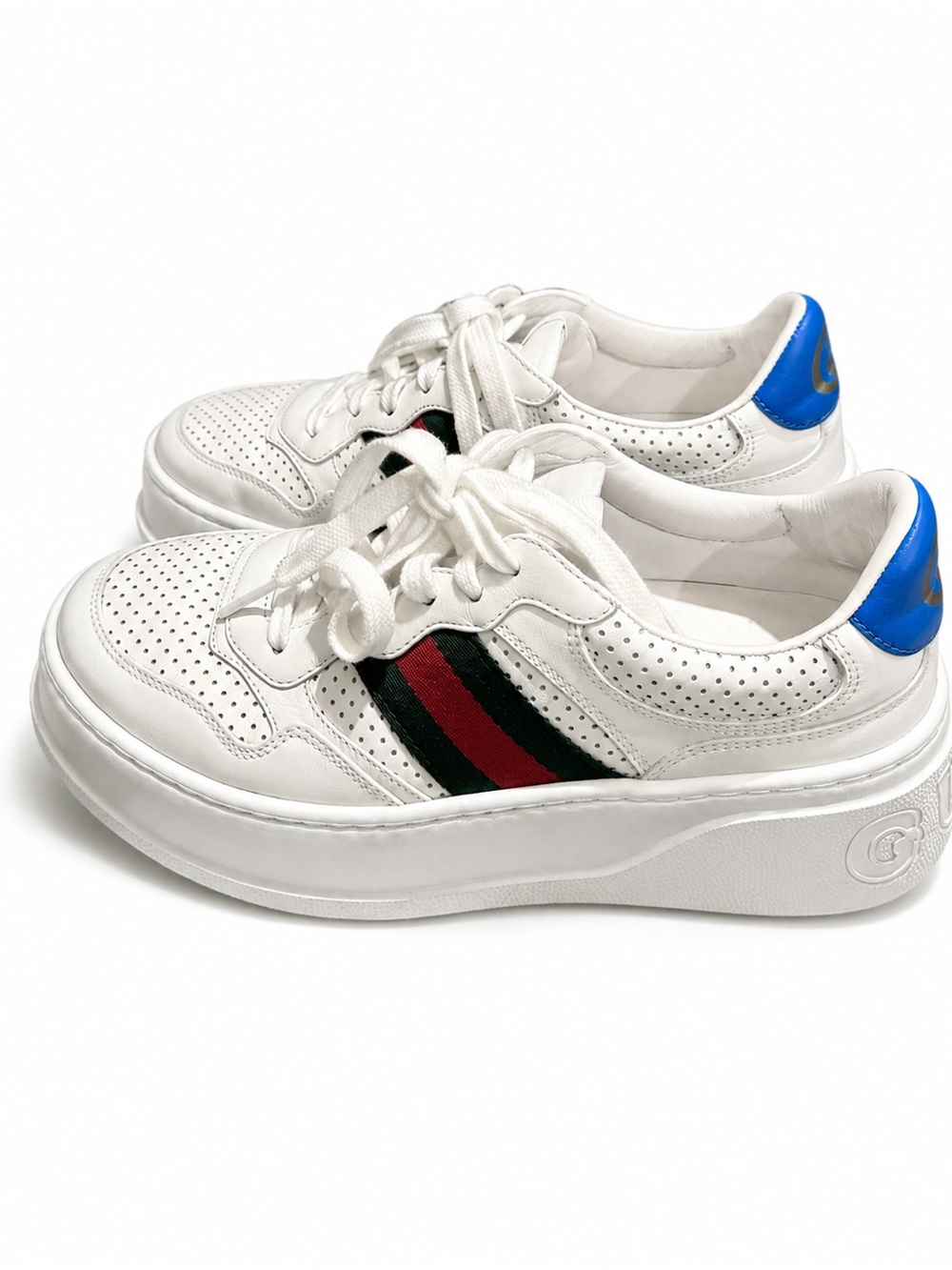 Gucci White Leather Platform Sneaker with Green and Red Web and Blue Heel - Picture 3 of 13
